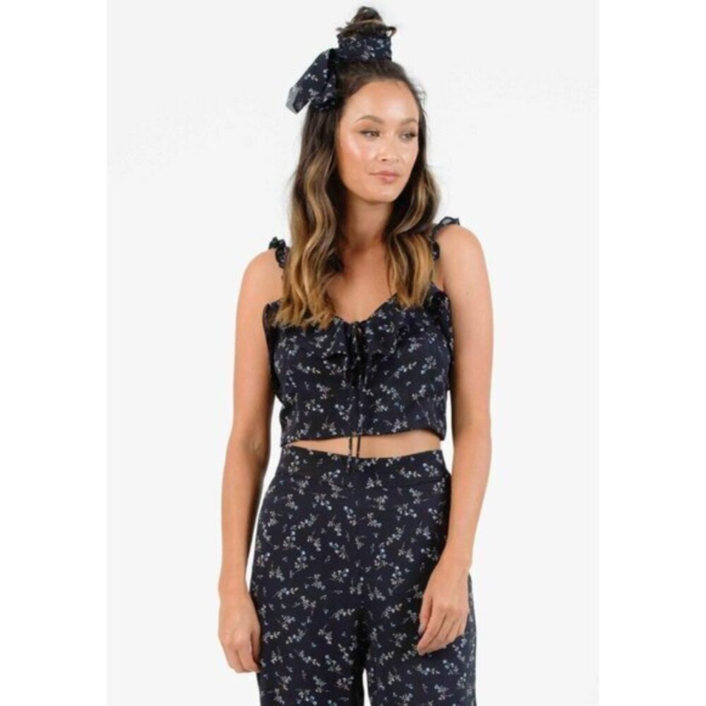 Lucca Couture Crop Top Ruffle Strap Navy Floral Print Blouse Boho SZ L NWT
